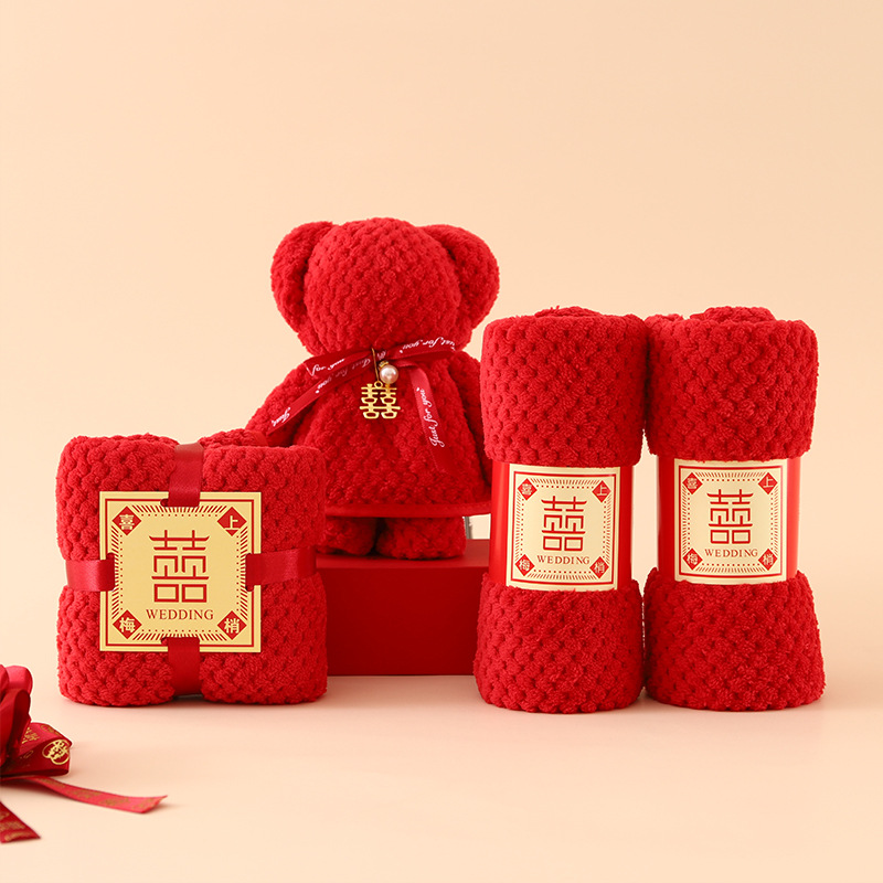 Picture of Bear towel coral fleece hand gift wedding wedding wedding shop promotion activity opening gift red towel advertising gift