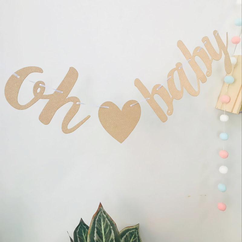 Picture of BABY Welcome Party Flag on Letters BABY's Birthday Flower Year-old Party Decorative Banner Golden OH BABY Flag