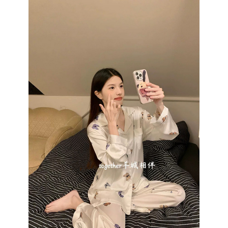 Pajamas Women's Spring and Autumn suit New Fresh Ice Silk Thin High-end Butterfly Long-sleeved Trousers Casual Home Clothes