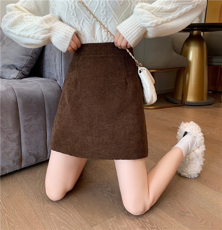 2023 Korean Style Elegant A Short Skirt Fashion Skirt Women's Retro High Waist Slimming Autumn and Winter Dress Corduroy