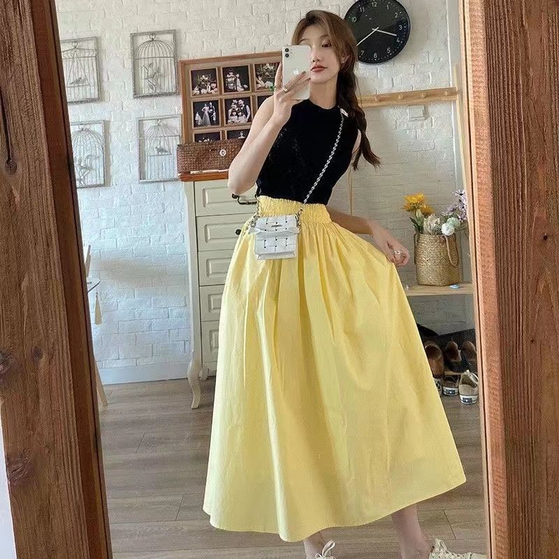 Dopamine French Solid Color Midi Skirt for Women, Lazy Style, Petite, Over-The-Knee, High-Waisted, Slimming Umbrella Skirt