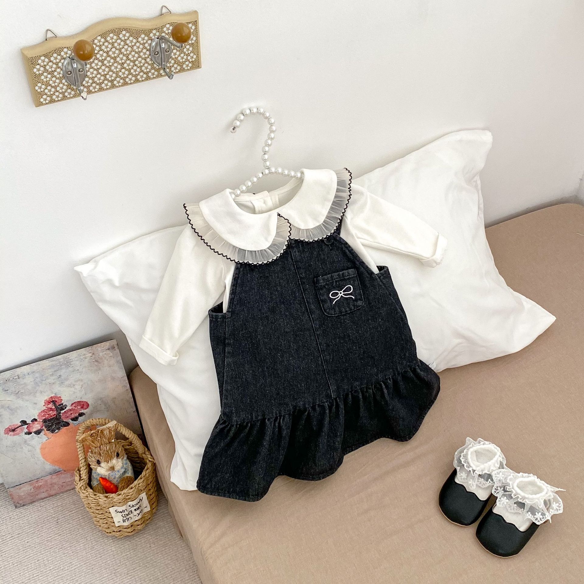 Picture of 2025 Spring Girls Denim dress New All-match Bow Strap Denim Skirt Lapel Base Two-piece Set