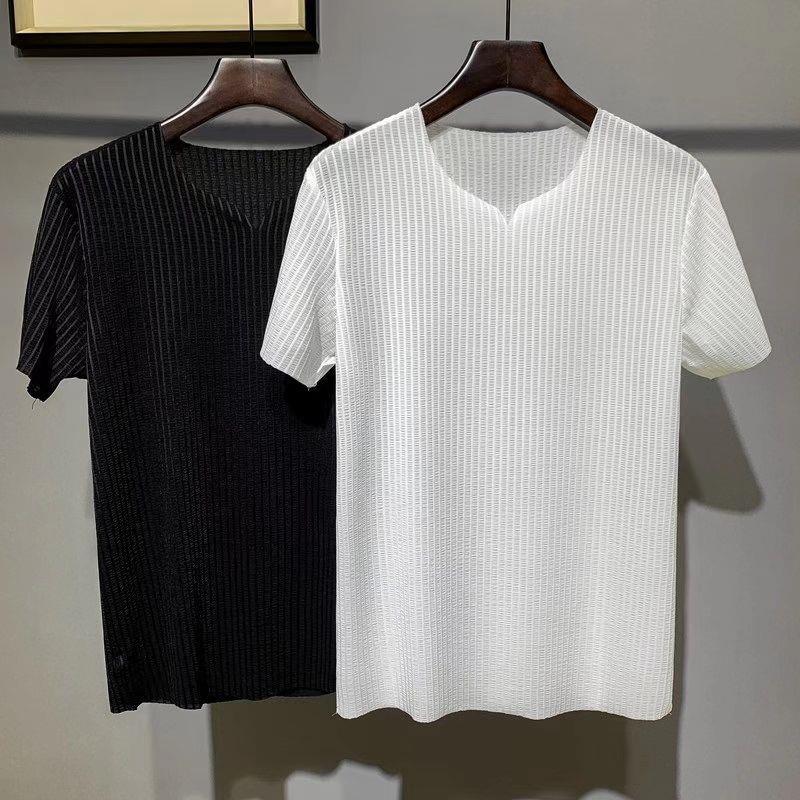 Summer Thin Ice Silk Seamless Stretch Short-sleeved T-shirt Hollow Stripe Slim-fit Round Neck Ice Breathable Men's Sweater