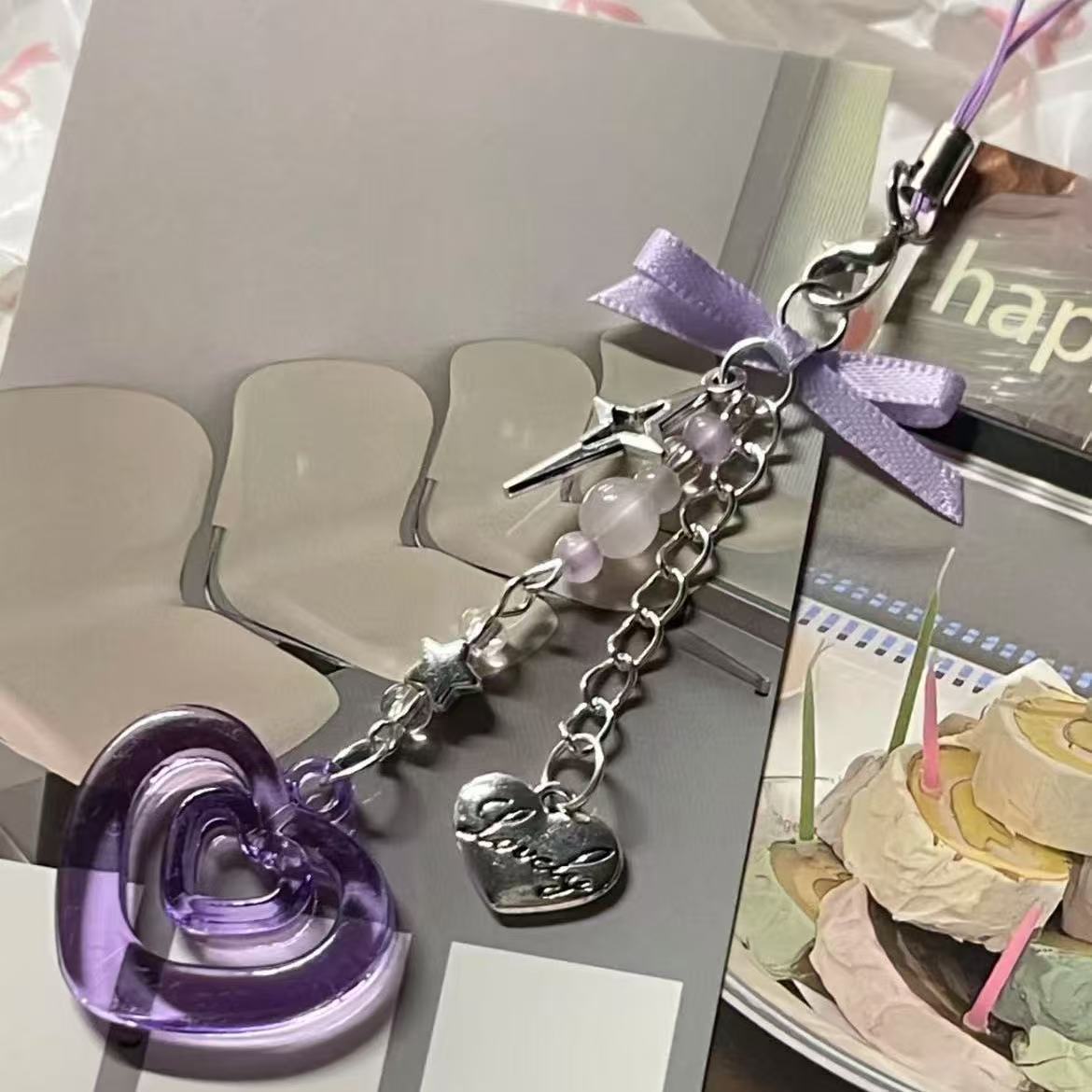 [Purple Love Star] Beaded Bow Mobile Phone Chain Pendant Guben Chain Card Album Buckle Ribbon Love