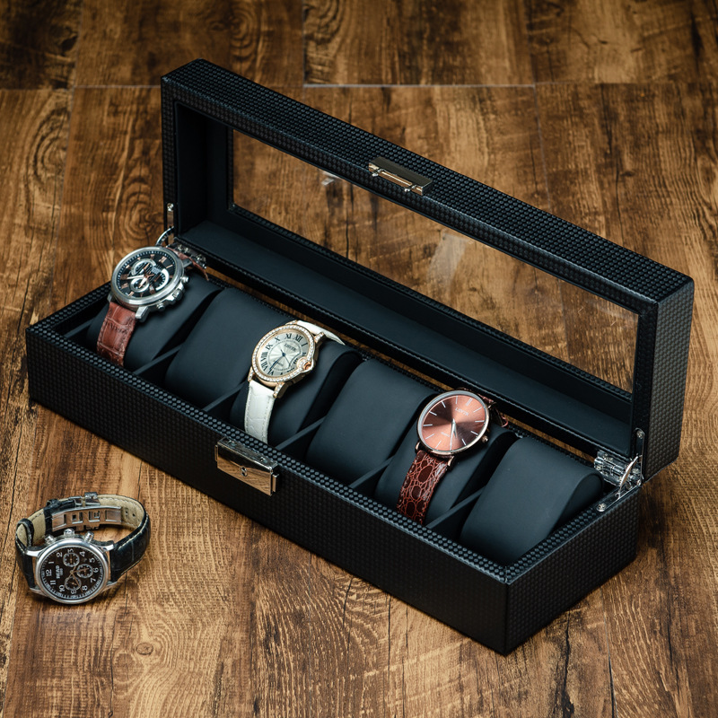 Picture of Carbon Fiber Pattern Leather Watch Box Glass Skylight Wrist Watch Mechanical Watch Bracelet Jewelry with Lock Storage Display Box