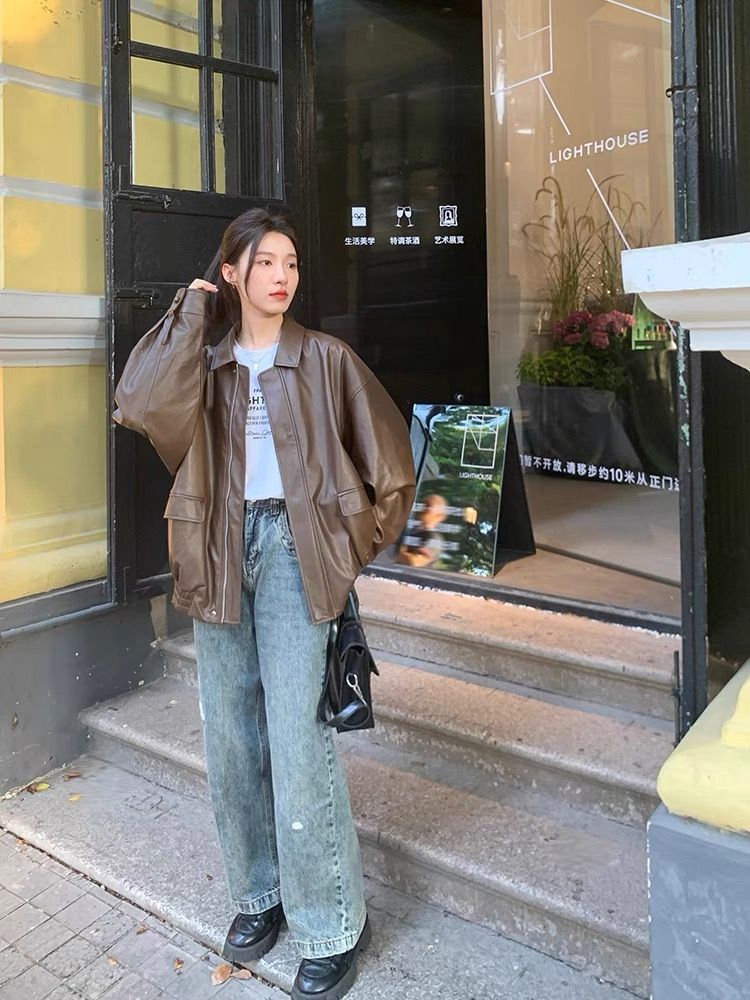 Hong Kong Style Brown Leather Coat Women's Autumn Loose American Style Retro Fashion Western Style Motorcycle Jacket 2025 New