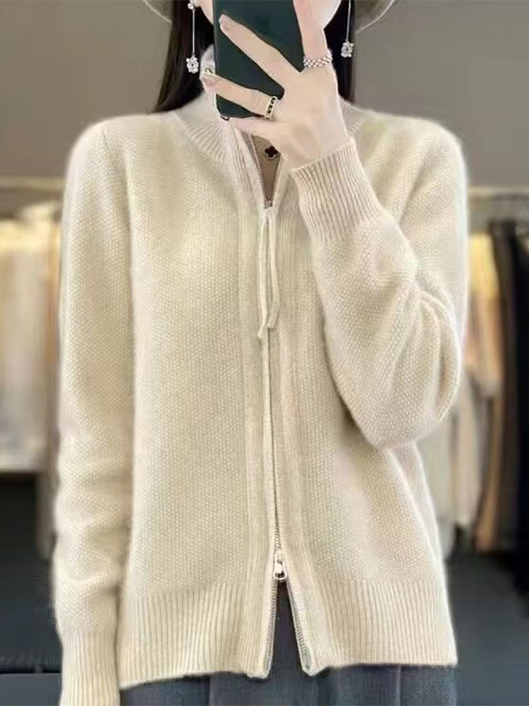 2024 Autumn and Winter New Sweater Lapel Double Zipper Sweater Soft Waxy Skin-friendly Loose All-match Slimming Western Style Top
