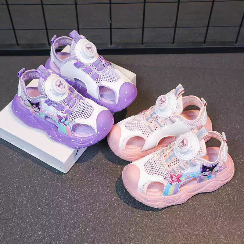 Lighted Kuromi Girls' Toe-Toe Sandals 2025 Summer New Style Mesh Cut Out Anti-Kick Beach Shoes for Small and Medium-Sized Children Anti-Slip