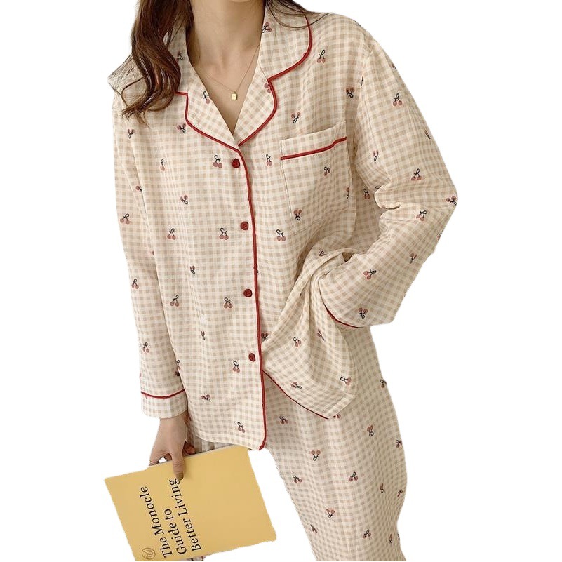 Spring and Autumn Korean style Cherry cardigan pajamas female autumn sweet student loose ins long sleeve home wear suit wholesale