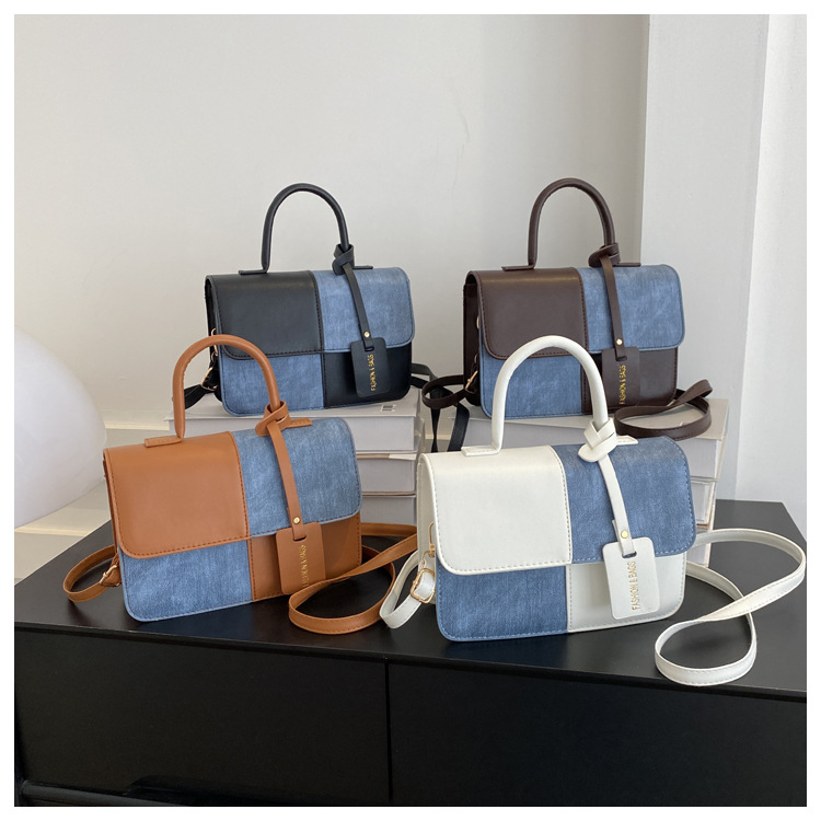 Niche design contrast color stitching portable small square bag 2023 new texture messenger bag fashion shoulder bag