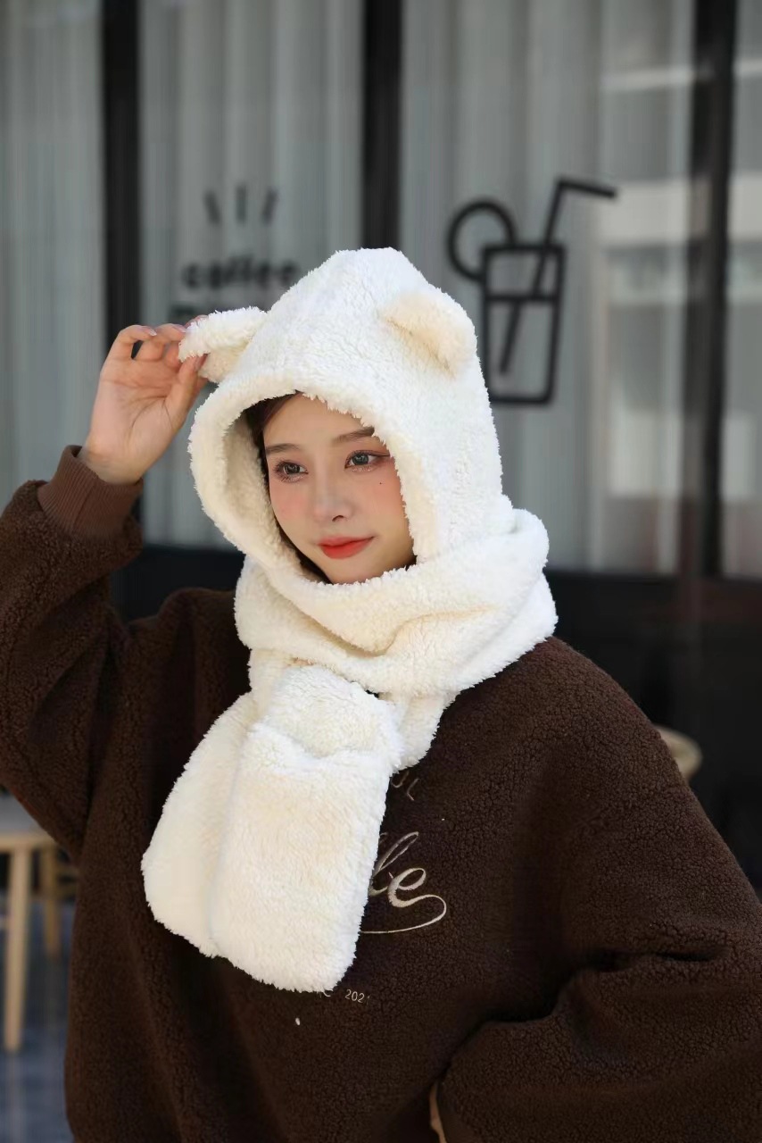 Picture of Winter Warm and Thickeneded Cotton Plush Rabbit Ears Animal Hat Gloves Scarf Bear Three-Piece Hat Factory Ear Protection