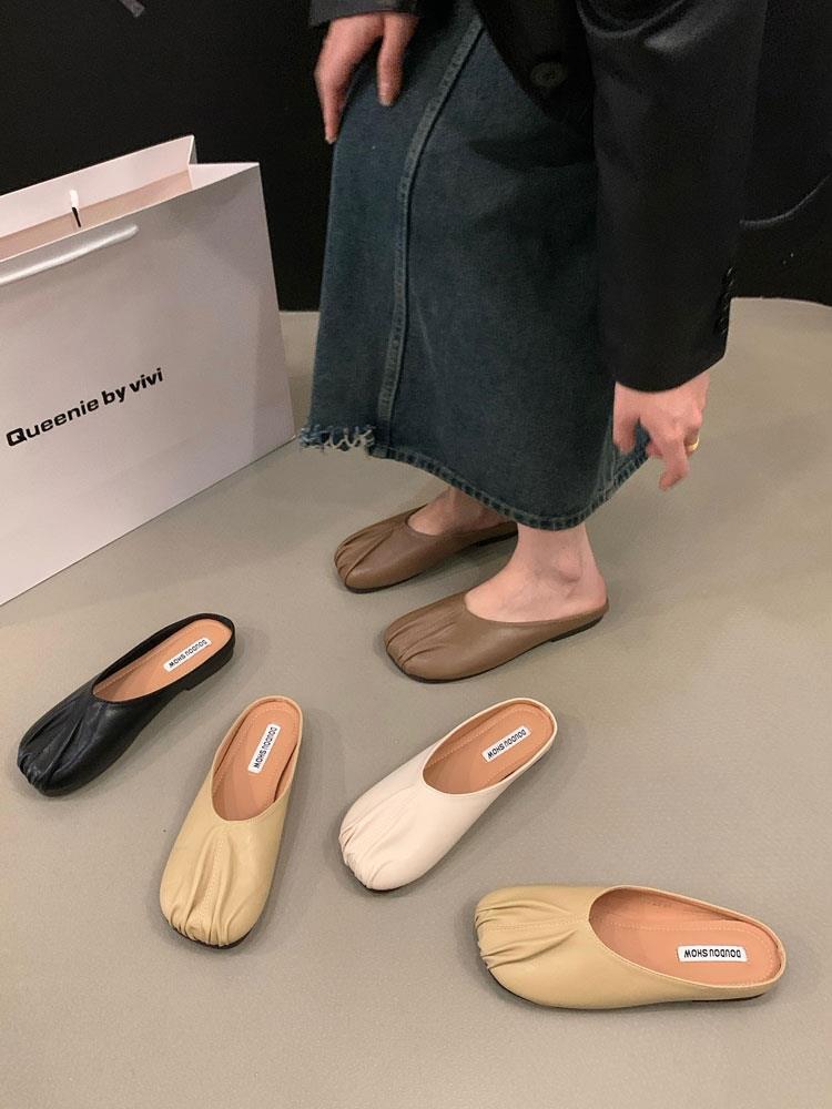 Closed toe half slippers women's outer wear 2023 new spring and summer flat pregnant women lazy grandma half support French niche sandals
