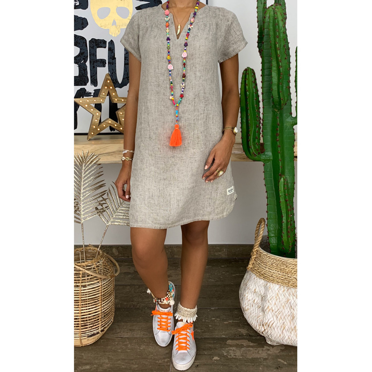 Picture of 2023 New Amazon WISH Hot Spring Summer Loose Skirt Short Sleeve V-Neck Solid Color Woven dress