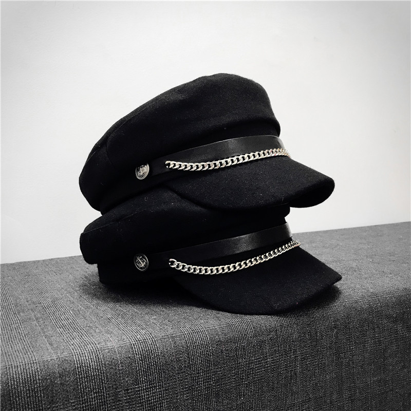 Black Chain Women's Summer and Autumn Wool Flat Top Military Cap Trendy All-match Beret Korean Style Cap Navy Cap Octagonal Cap