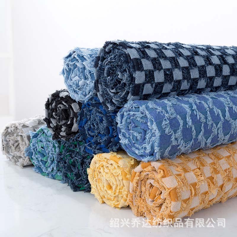 Picture of Tassel chessboard Plaid jacquard Denim fabric coat rinse washed Denim cotton cut flower texture clothing fabric