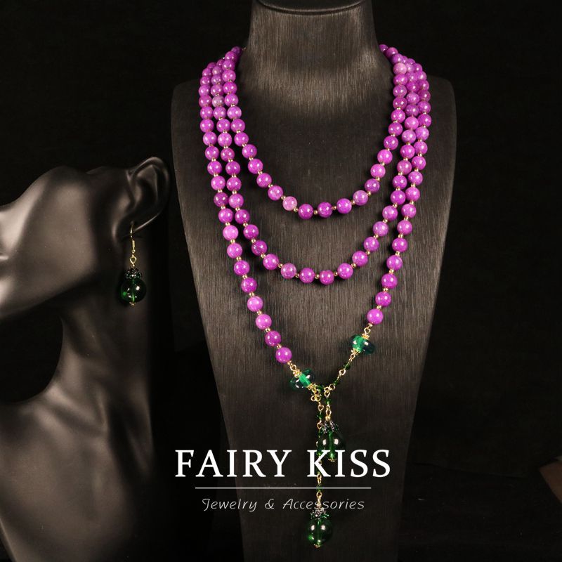 Qingdao vintage Middle Ancient Jewelry Handmade Beaded Green Glaze Elegant Long Purple Stone Necklace