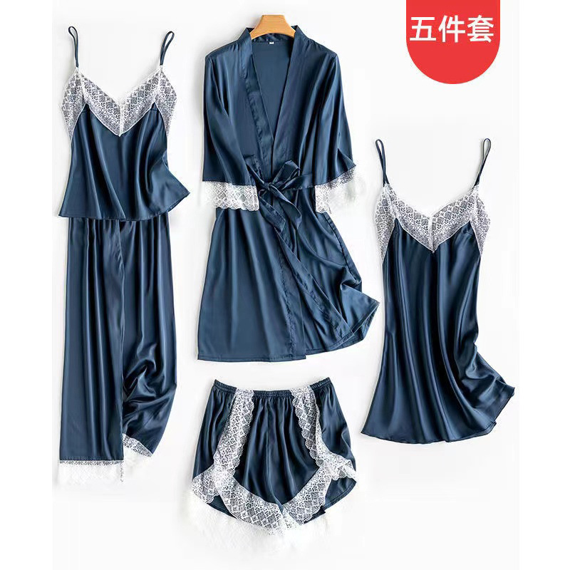 Youbo Pajamas Women's Spring Summer Autumn Sexy Sling Nightdress Gown Five-piece Home Clothes White Lace