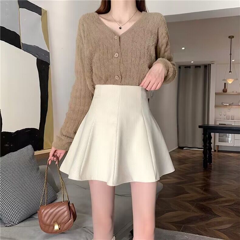 a-line skirt Spring and Autumn New Korean style popular corduroy umbrella skirt fat m slimming invisible zipper skirt