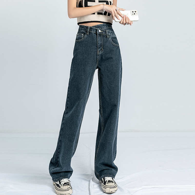Picture of Straight Leg Jeans Women's New Summer Chic High Waist Design Cross Waist Loose Wide Leg Dipped Trousers