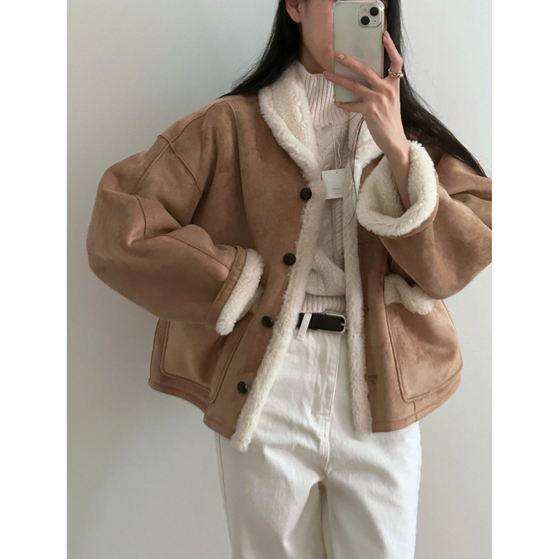 Korean-style winter retro gentle front and back wear suede lamb fur one-piece lapel coat