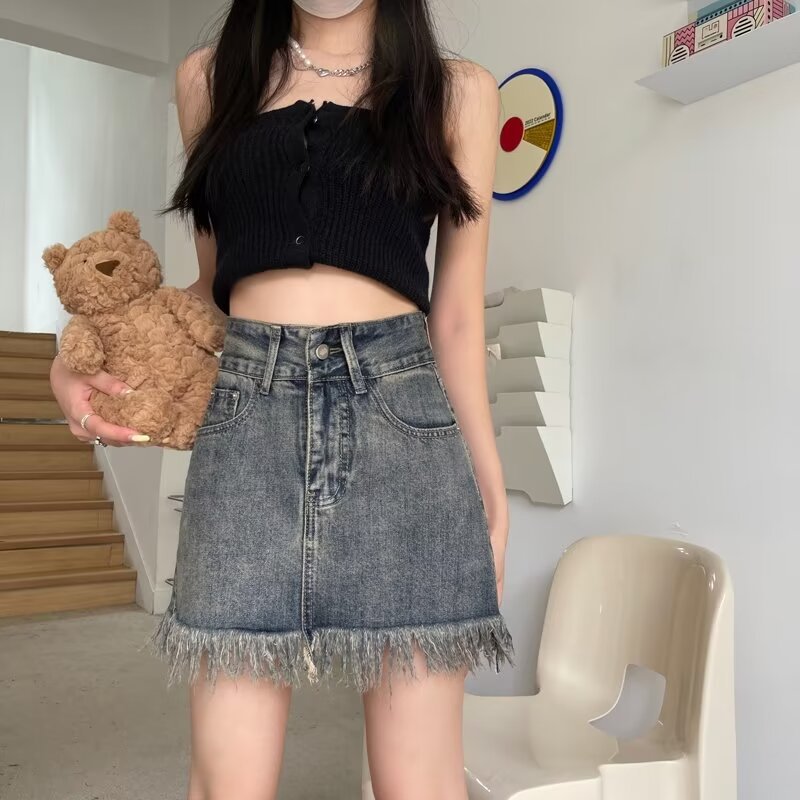 2024 Summer New Arrival American Style Retro Rust Denim Skirt Women's Hot Girl Hip Skirt A- Line Short Skirt