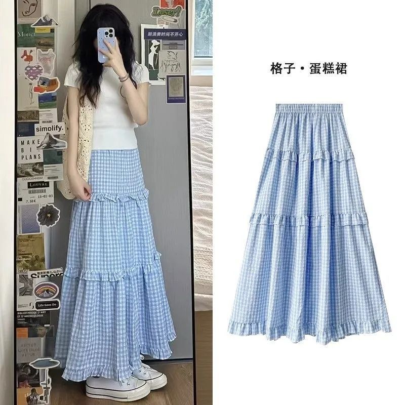 Blue and White Plaid Skirt Summer 2025 New Style Gentle and Fresh High-Waisted A-Line Skirt Mid-Length Cake Skirt