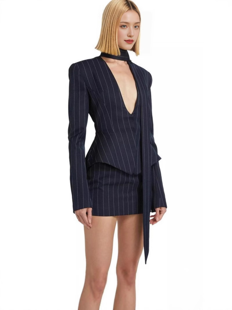Picture of 2024 New Cross-border Elegant Striped Niche Design Slim-fit Waisted V-neck Suit Jacket Jacket Dress Set