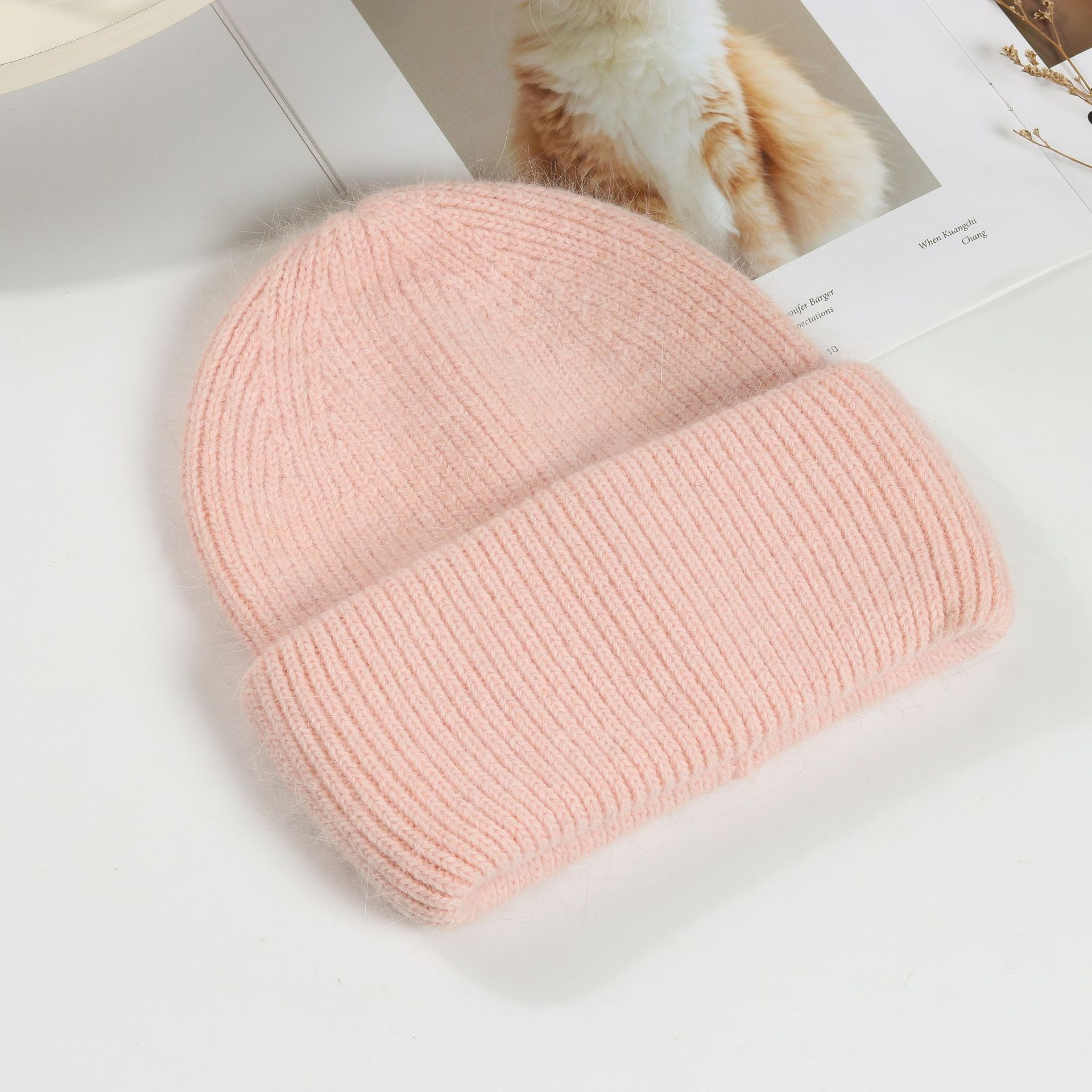 Picture of Korean Winter Knitted Hat with Large Brim for Women, Windproof Pullover Round-Top Adult Rabbit Fur Wool Hat