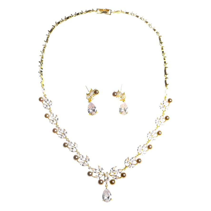 South Korea Jewelry Women's Exquisite Water Drop Pendant Bridal Necklace Two suit Diamond Zircon Earrings Banquet Tassel Earrings