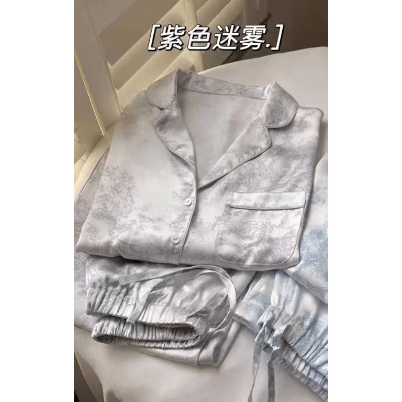 [Three-piece Ink Painting Set] Pajamas Women's Ice Silk Ink Painting Loose Set Satin Chiffon Lazy Style Home Clothes