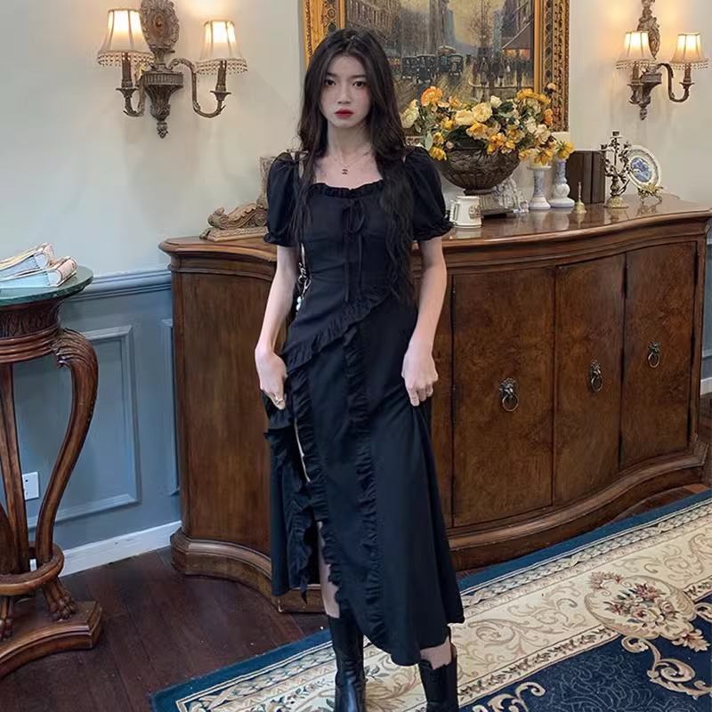 Picture of French Hepburn Style Black dress Women's Summer Xiazhong Design Irregular Split Skirt Slim-fit Skirt