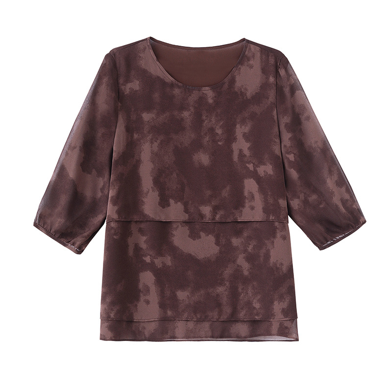 Picture of 2025 Summer New Loose Round Neck plus size Stitching Belly-Covering Slimming Western Style Seven-Sleeve Chiffon Top Small Shirt