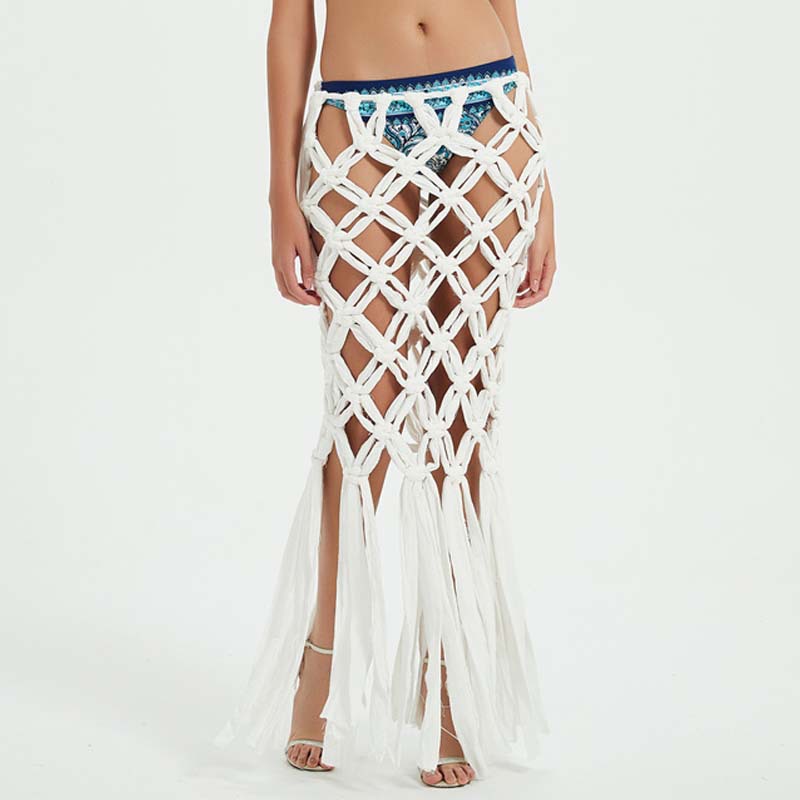 Summer New 2025 European and American Women's Sexy Perspective Hollow Knitted Skirt Split Tassel Beach Skirt