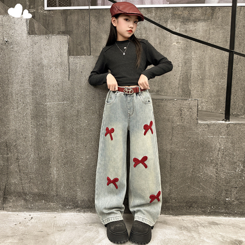 Picture of Girls' Spring Jeans 2025 New Korean Style Middle and Big Children's Fashionable Towel Embroidered Wide Leg Pants Trendy Trousers