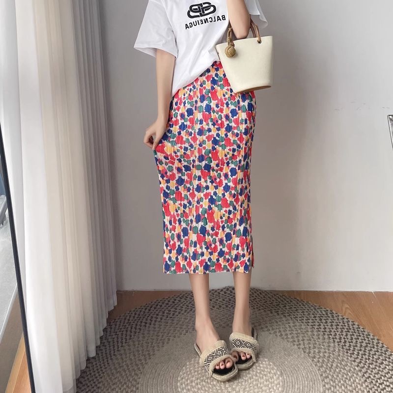 Picture of Niche design pleated skirt spring and summer thin elastic waist printed slimming age-reducing hip slit pleated skirt