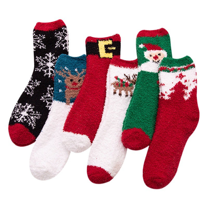 Autumn and Winter Thickened Christmas Socks Coral Fleece Mid-length Socks Cartoon Elk Snowman Half-side Fleece Socks Home Floor Socks