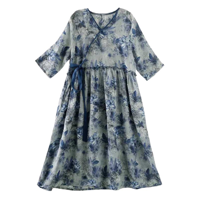 2024 spring new retro printed Chinese V-neck 3/4 sleeve Chinese style mid-length waist slimming dress women