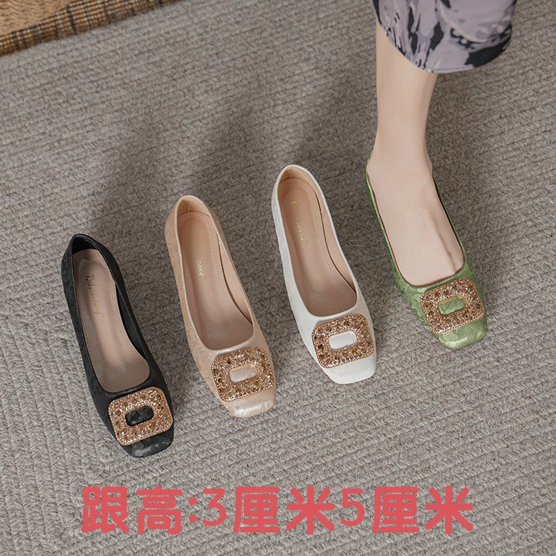 2023 New French Style Low Heel Square Toe Shallow Mouth Single Shoes Women's Soft Bottom Flat Shoes Design Sense Niche Spring and Autumn Fashion