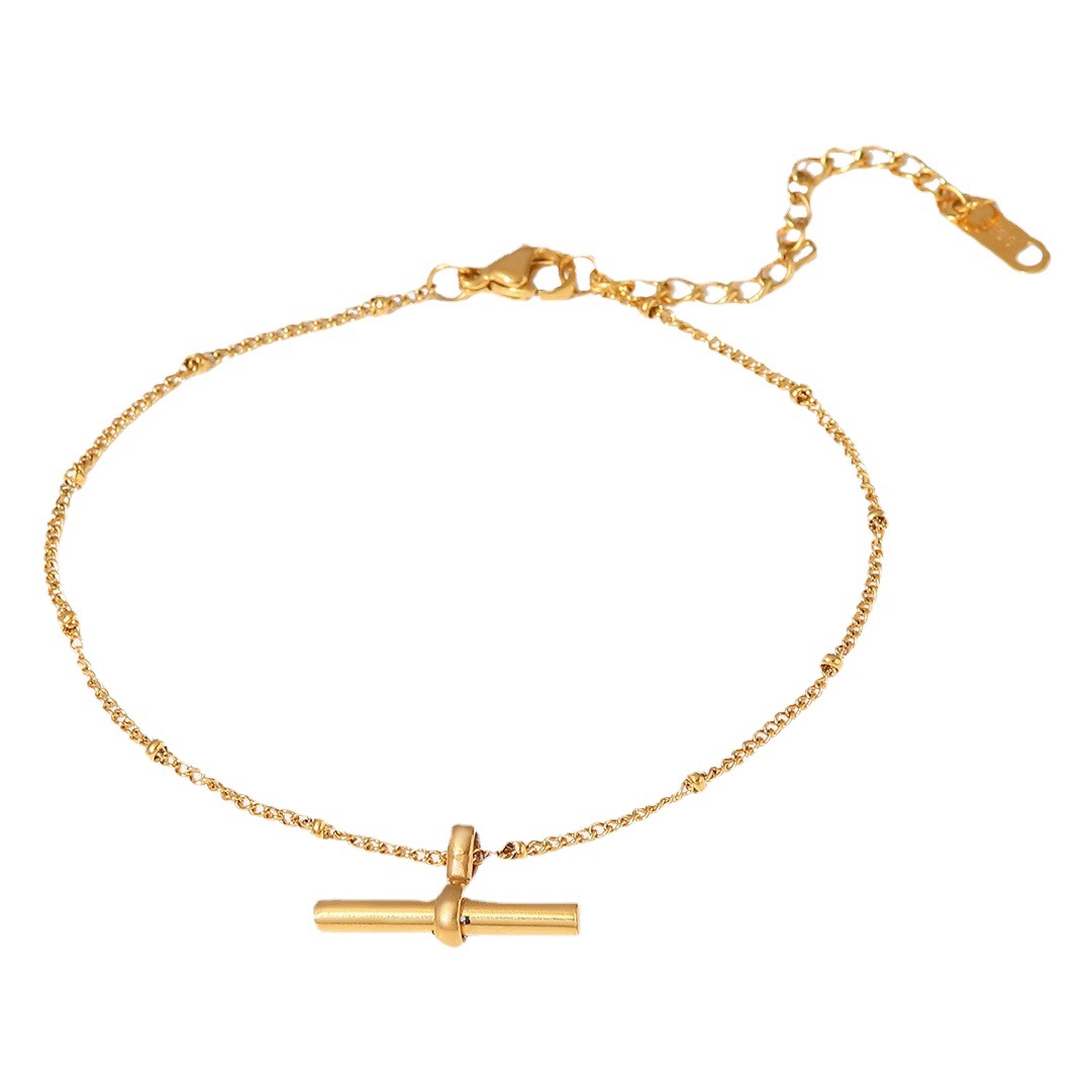 INS New Titanium Steel Anklet 18K Golden Personality Tbar Bar Pendant Ball Chain Anklet Fashion Joker Anklet
