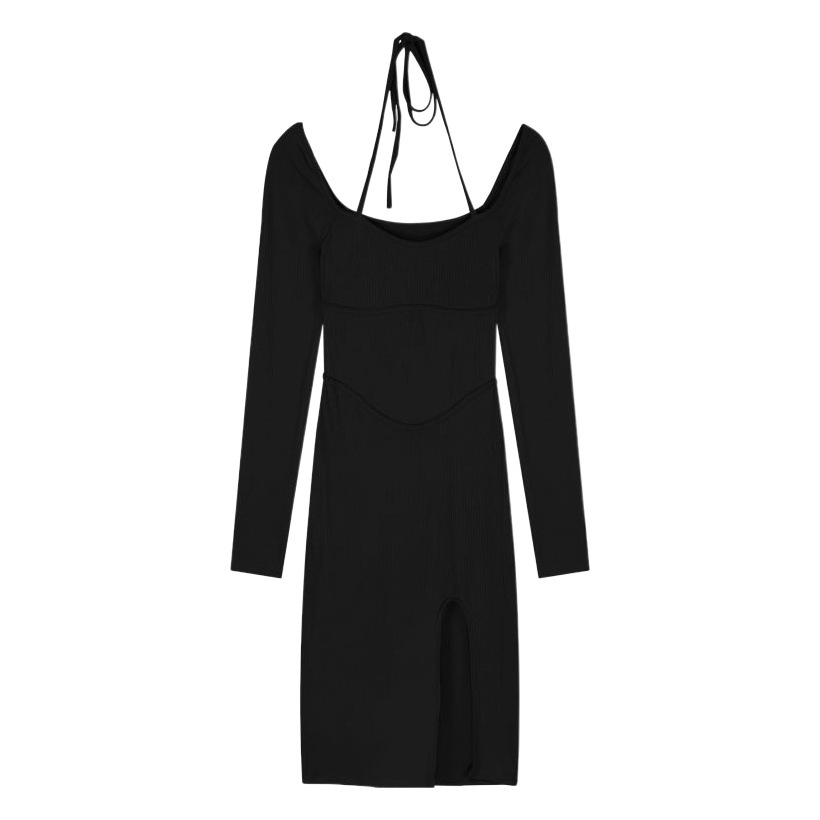 Black Split Sexy Neck dress Women's Autumn Spice Girl Long-sleeved Slim-fit Irregular Mid-length Hip Skirt