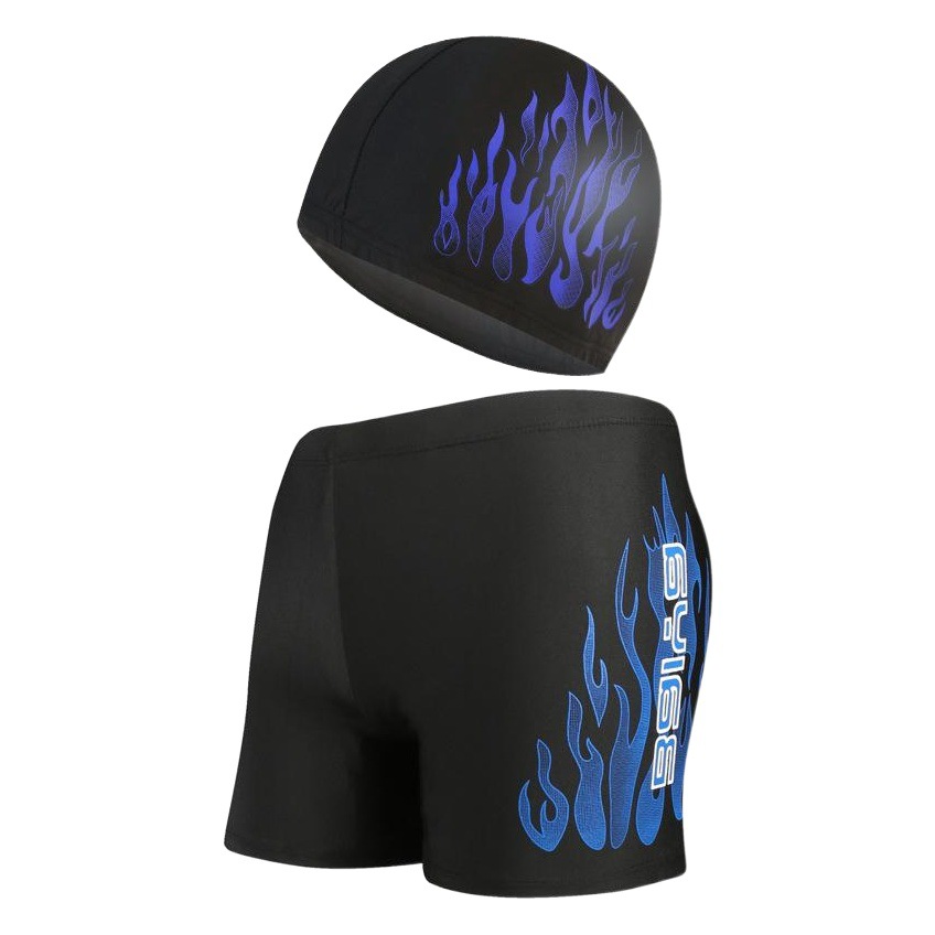 Swimming trunks men's boxer large size swimming trunks men's fashion flame hot spring swimming trunks swimming cap set professional swimming equipment