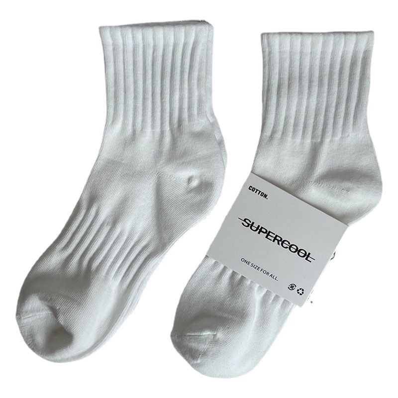 One-needle double-thread mid-length socks cotton spring and summer thin sweat-absorbent deodorant black and white gray blue solid color socks sports socks