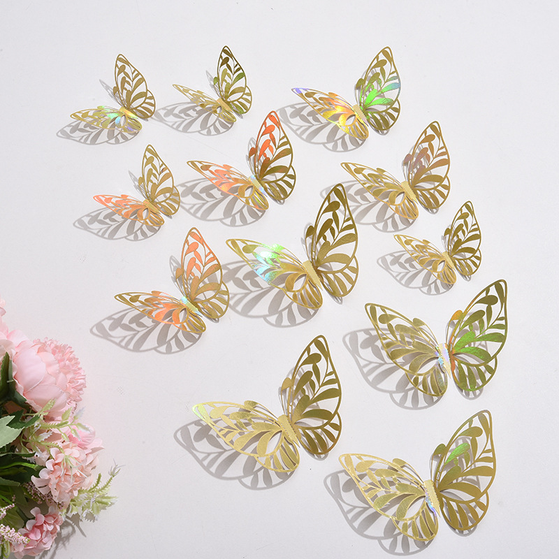 Cross-Border Foreign Trade Butterfly 3D Textured Faux Metal Wall Decoration, Set of 12 Hollow Wall Stickers for Wall Decoration