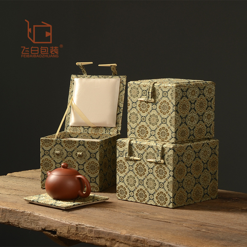 Eight-sided Pattern Song Jin Box Purple Sand Pot Tea Set Packaging Box High-end Antique Style Play Companion Gift Storage Fabric Gift Box