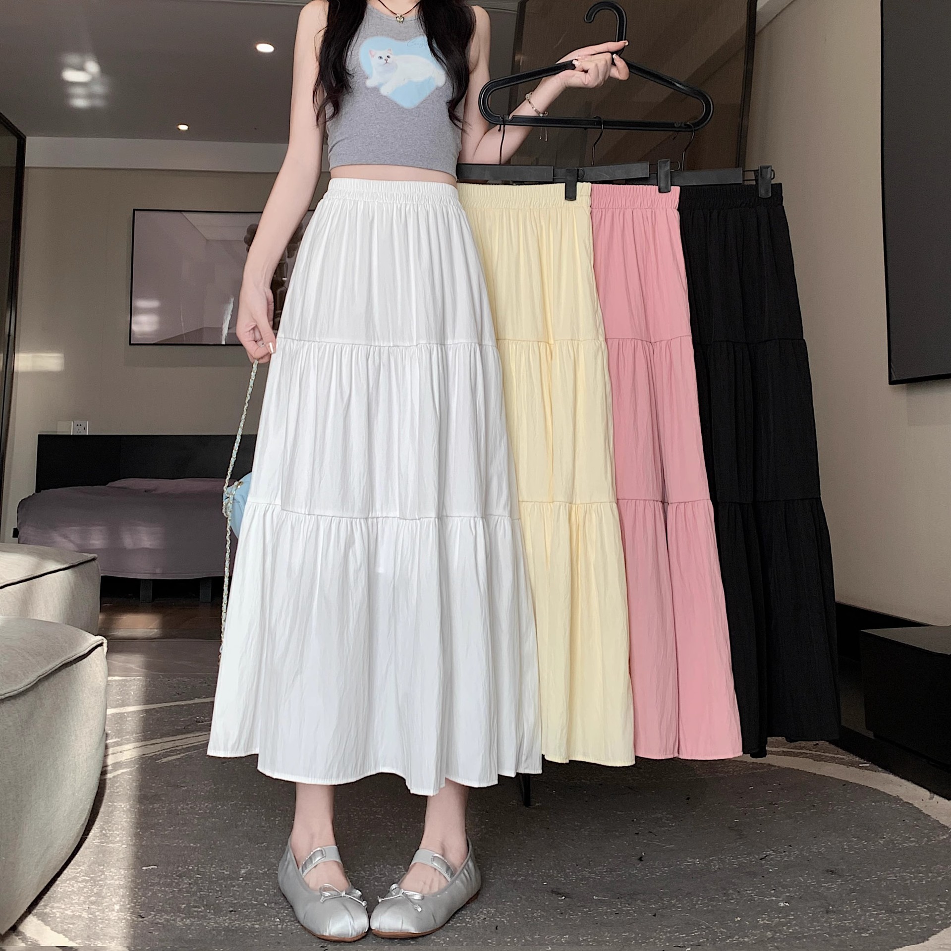 White Streamer Fairy Skirt Women's Summer 2024 Summer New High Waist Fashionable A- Line Cake Mid-Length Skirt