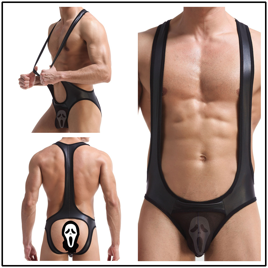 Picture of New men's underwear paint imitation leather strap empty back one-piece wrestling suit sexy sexy sports leisure motorcycle suit triangle