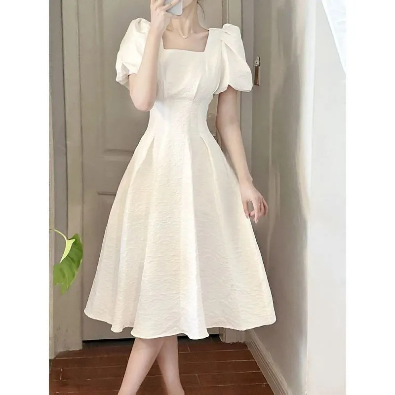 2023 Summer New French Style First Love White Long Dress Women's Tight Waist Slimming Small Fresh Elegant Short-sleeved Dress