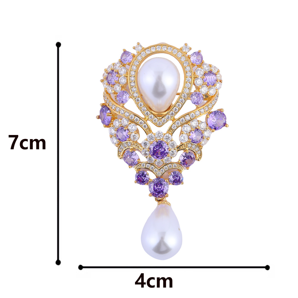 Picture of Purple Luxury High-End Diamond-Encrusted Zircon Large Pearl Brooch Anti-Exposure Suit Dress Accessories with Elegant and Fashion