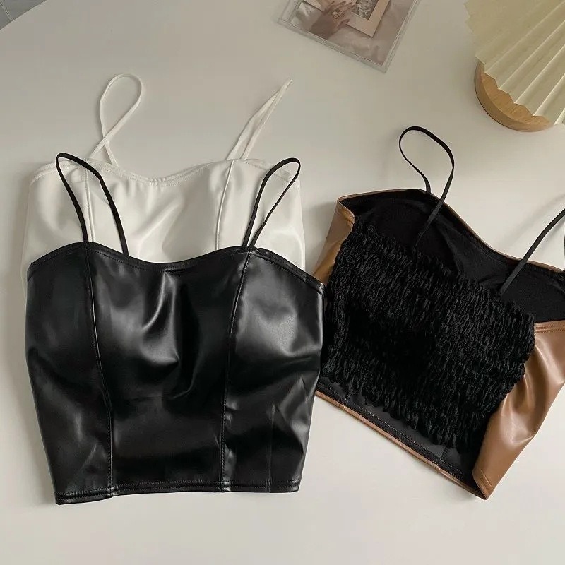 European and American Sexy pu Leather Camisole Women's Autum Inner Wear with Chest Pad Short Bottoming Shirt Top ins Trend