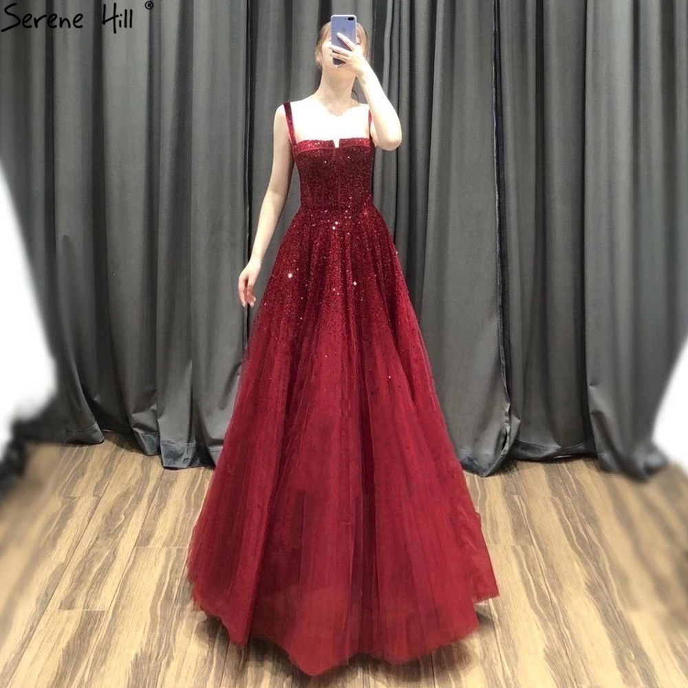 Picture of Autumn and Winter Wine Red Sling Dream Nail Bead Heavy Industry Annual Meeting Host Dress Bride Engagement Toast Dress LA70600